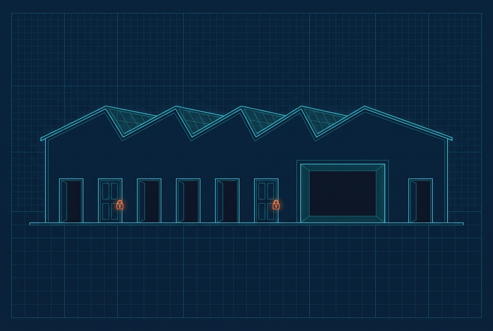 A factory building with two doors padlocked and the rest of its openings standing open.