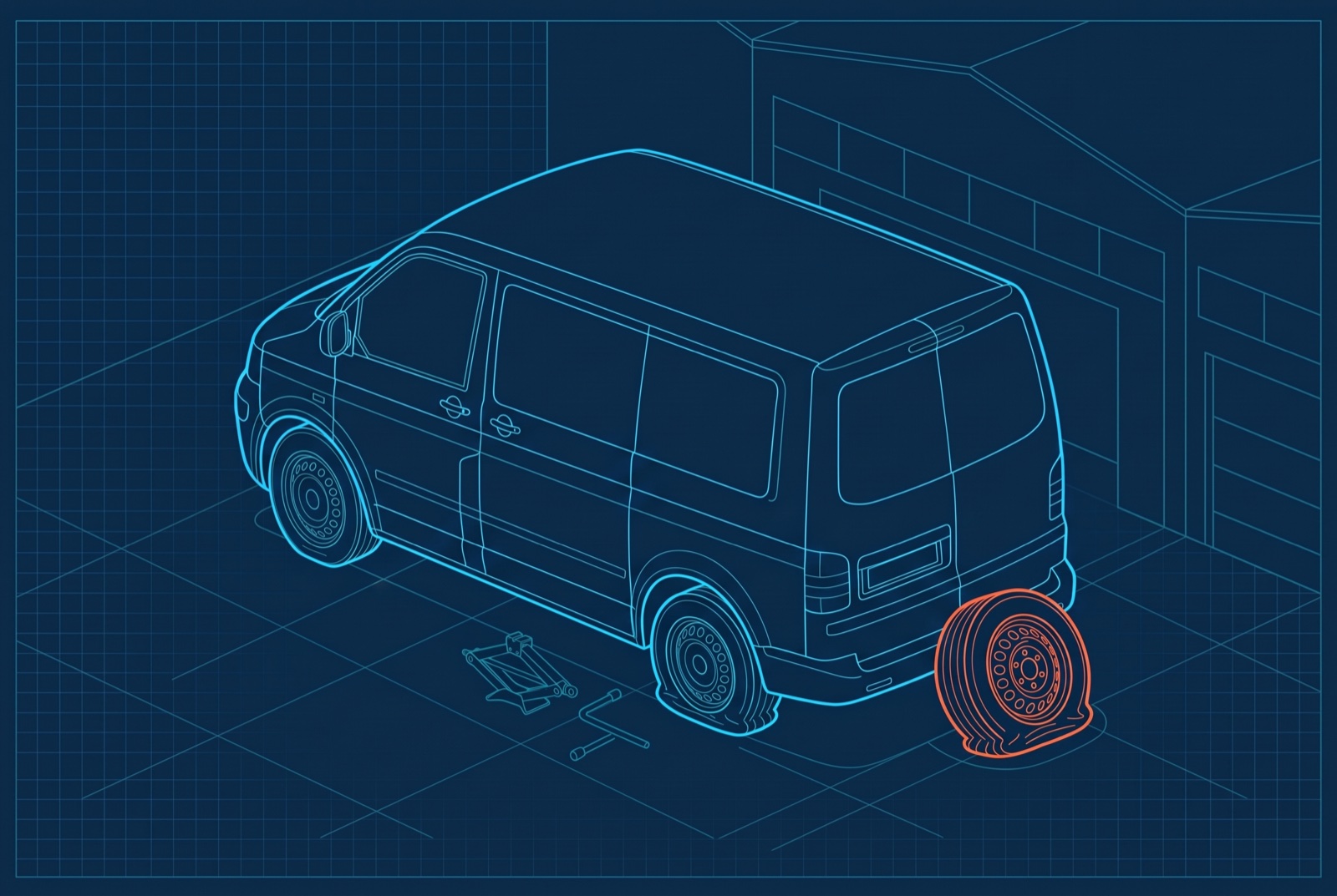 A works van with a flat rear tyre and a flat spare wheel propped against its rear bumper.