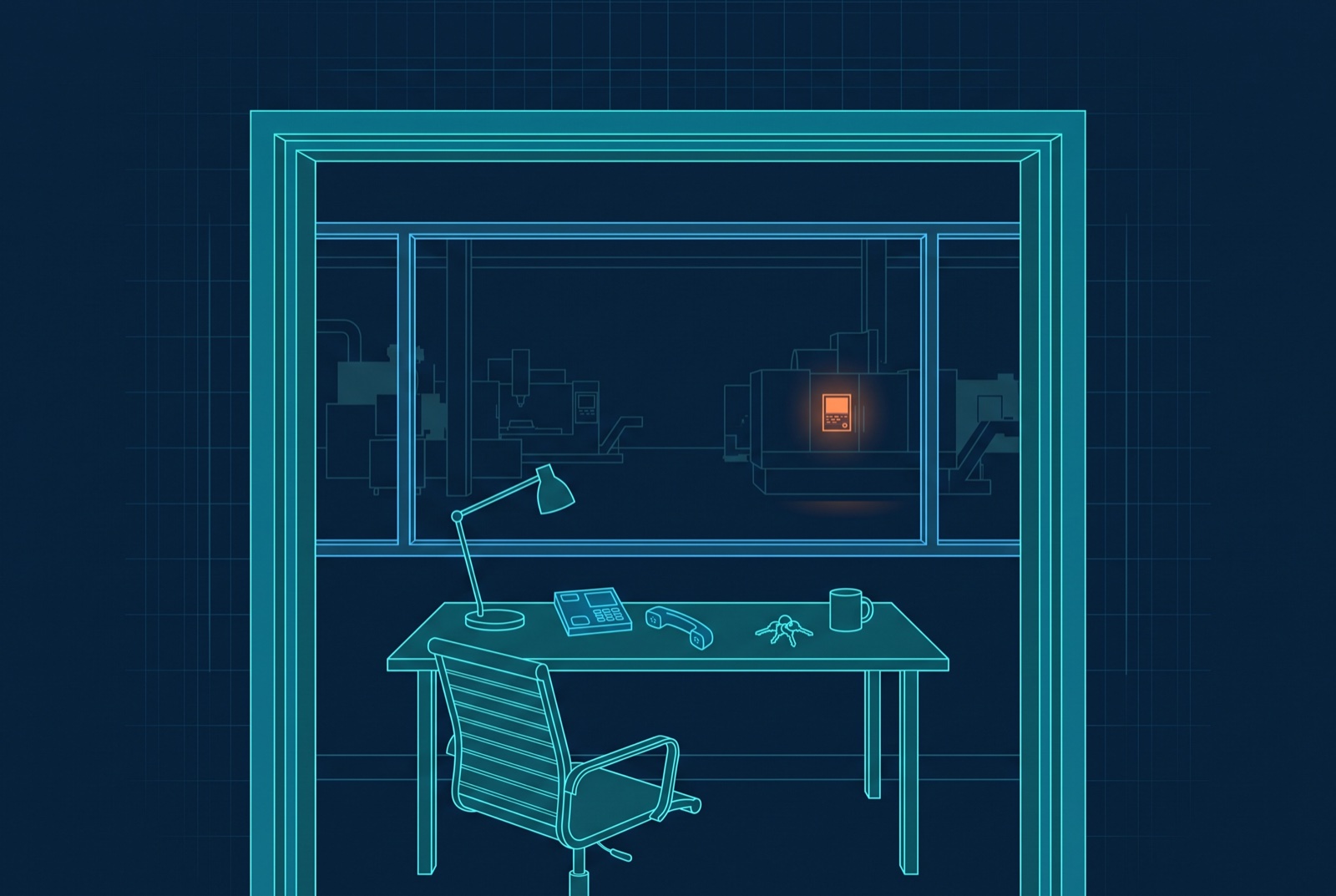 A factory office at night with a phone off its cradle on the desk, keys and a mug beside it, and one lit control panel on the dark shop floor beyond the window.